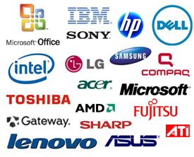 Sony, Asus, Samsung, Lenovo, Acer, Hp, Fujitsu, Toshiba, Dell, Compaq, Toshiba, Asrock, Msi, Gigabyte, Abit, Aopen, DAEWOO, Ecs, Epox, Elitegroup, Foxconn, Lex, LuckyStar, Matsonic, Intel, Amd, Nvidia, Ati, Geekom, Abit, Sapphire, Atlantis, Thermaltake, Corsair, Kingson, Mastor, Western Digital ed altre..